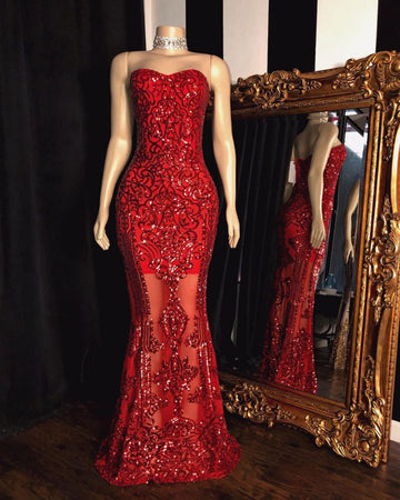 SWEETHEART STRAPLESS SEQUINS PATTERN LONG MERMAID PROM GOWNS HZ1023